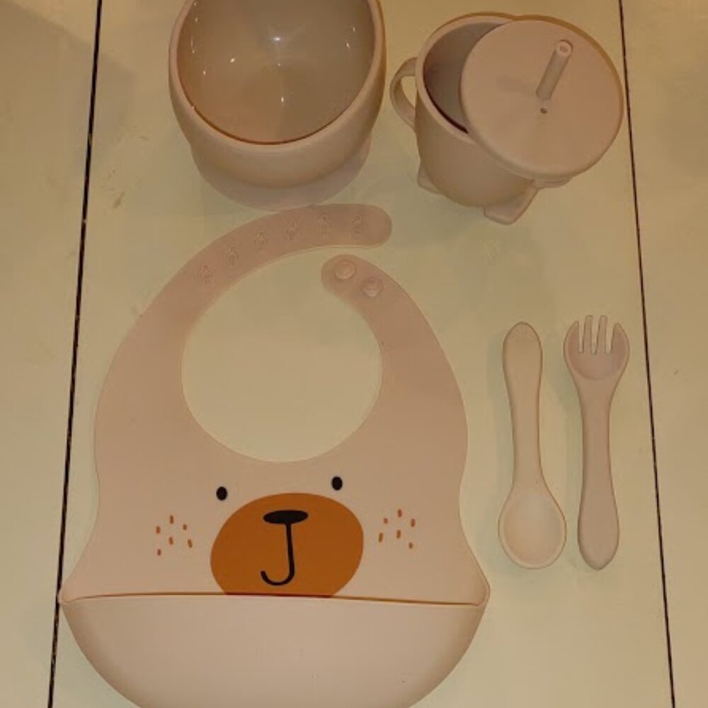 SILICONE BABY'S FIRST DISHES 6 PIECE SET NEW BEIGE DISHWASHER SAFE BPA PVC FREE
